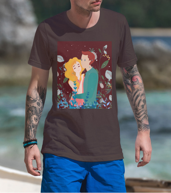 Lover Dating Romantic Embrace Amidst Floral Background T-Shirt