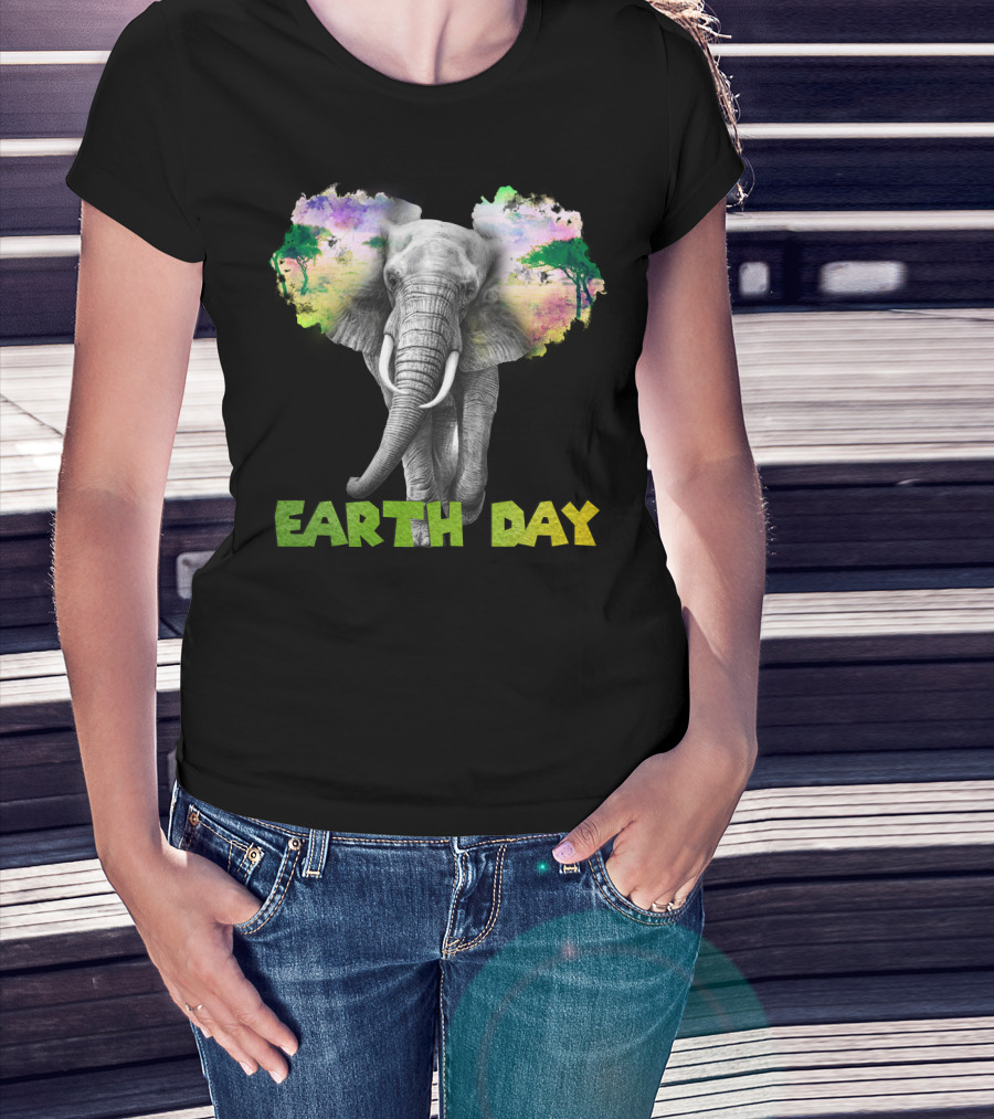 Earth Day Elephant With Vibrant Nature Trees And Colors T-Shirt