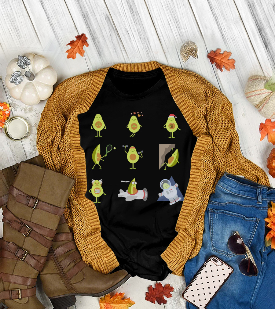 Playful Avocado Characters Engaging in Sports, Adventure, and Space Exploration with a Holiday Twist T-Shirt