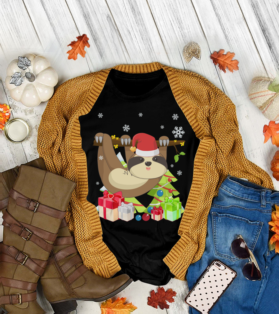 Christmas Santa Sloth Climbing with Gifts and Snowflakes T-Shirt