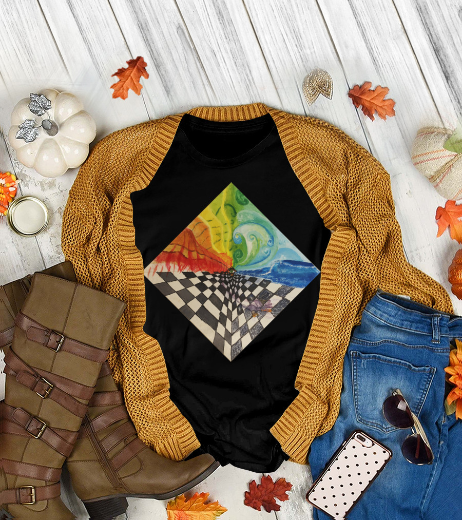 Mind Grid Surreal Checkerboard with Elemental Waves and Vivid Colors T-Shirt