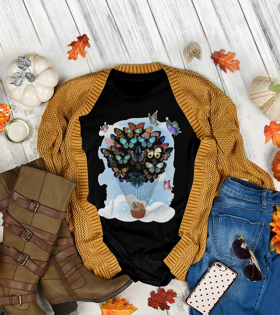 Bulldog Flying with Vibrant Butterfly Hot Air Balloon in Sky T-Shirt