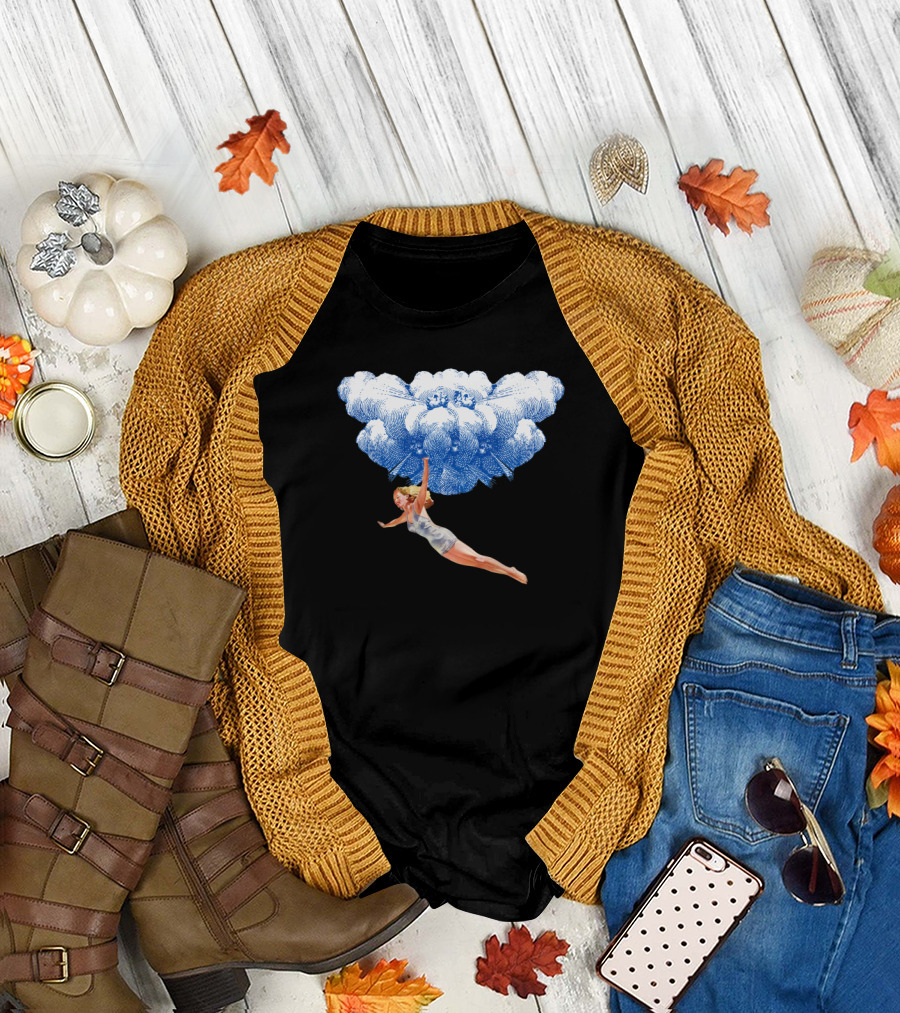 Flying Girl with Retro Cloud Balloon in Mid-Air Journey T-Shirt