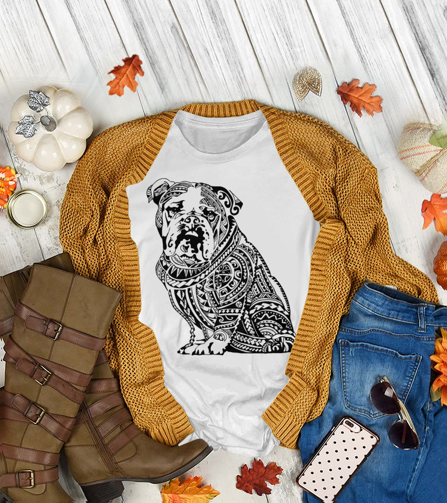 Polynesian English Bulldog Tribal Pattern Motif T-Shirt