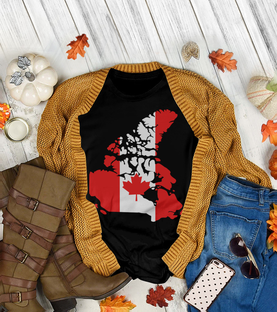 Canada Flag Map with Red Maple Leaf T-Shirt
