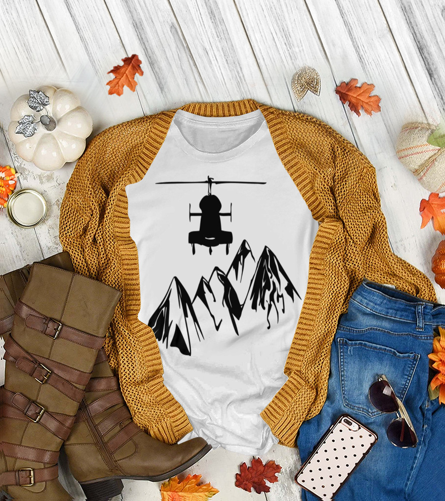 Helicopter Silhouette Above Mountain Peaks T-Shirt