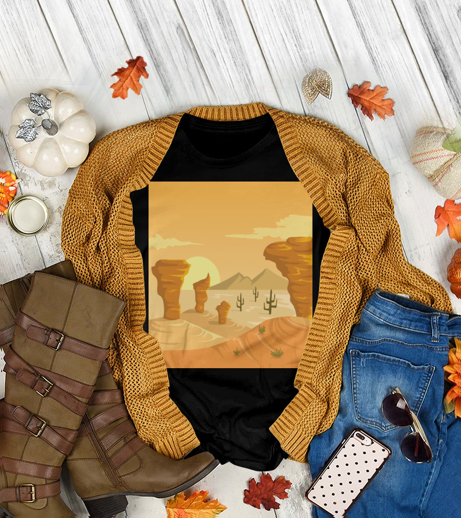 Western Desert Sunset Mountains And Heat with Cacti and Rock Formations T-Shirt