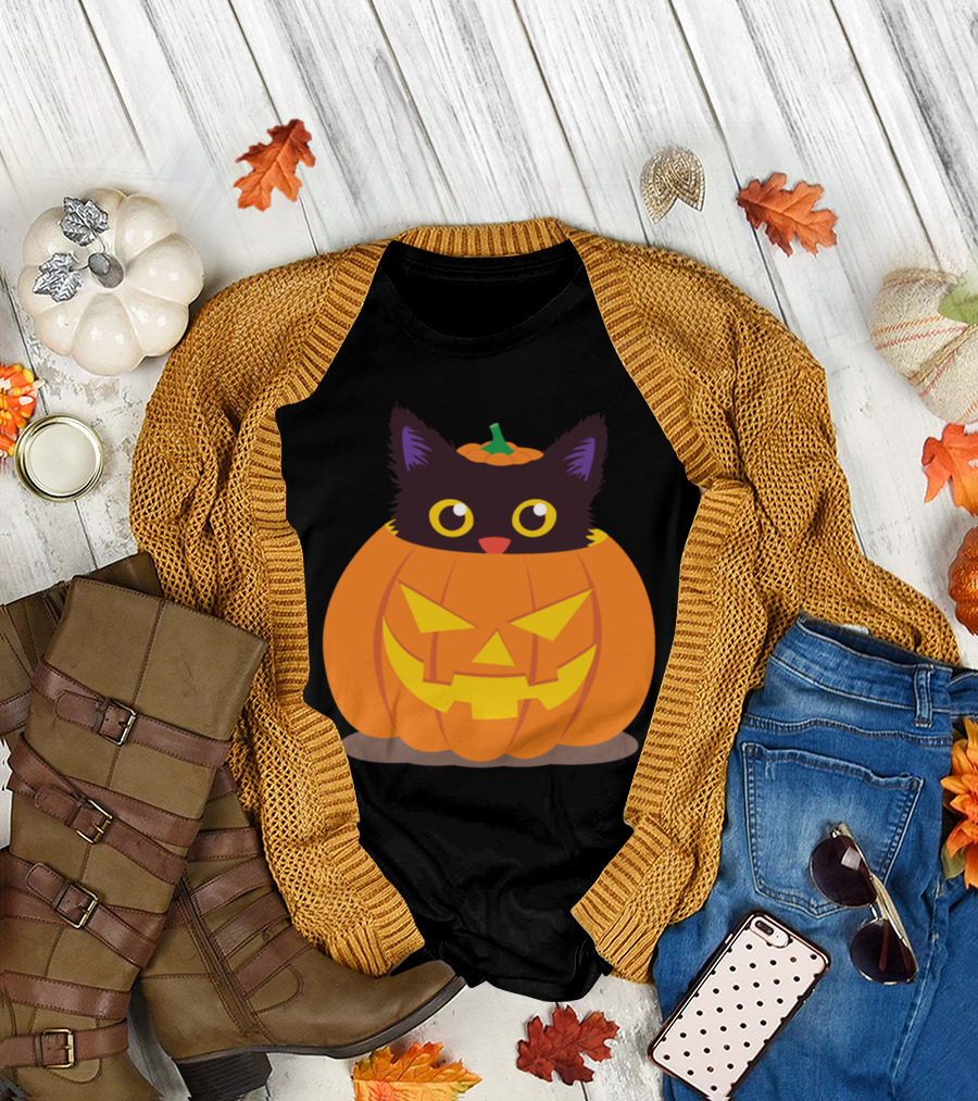 Little Kitten in a Pumpkin with Jack-O'-Lantern Face T-Shirt