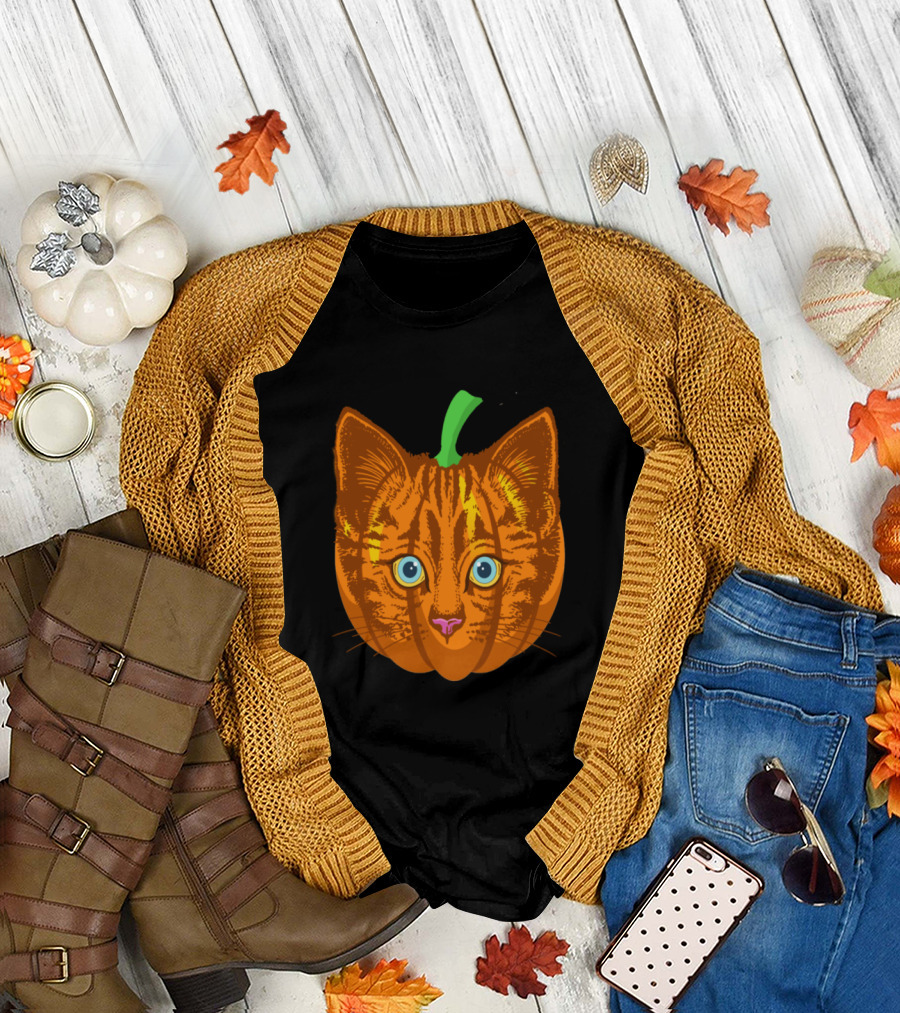 Cat Face Pumpkin Halloween Head Orange Green Stem T-Shirt