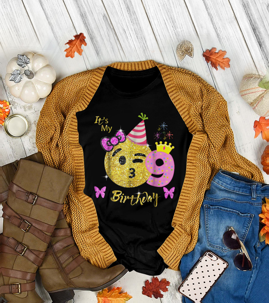 It's My Birthday Emoji 9th Nine Years Party Hat Crown Butterflies Sparkle T-Shirt