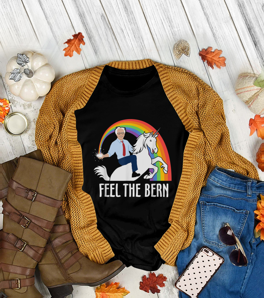 Feel The Bern Sanders Riding Unicorn with Rainbow and Sparkling Magic T-Shirt