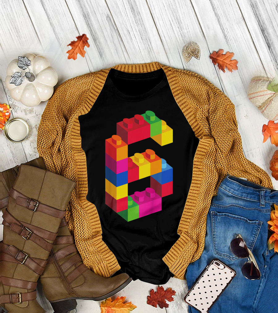 Kids 6 Year Old Building Blocks Birthday Colorful Bricks Number Six T-Shirt