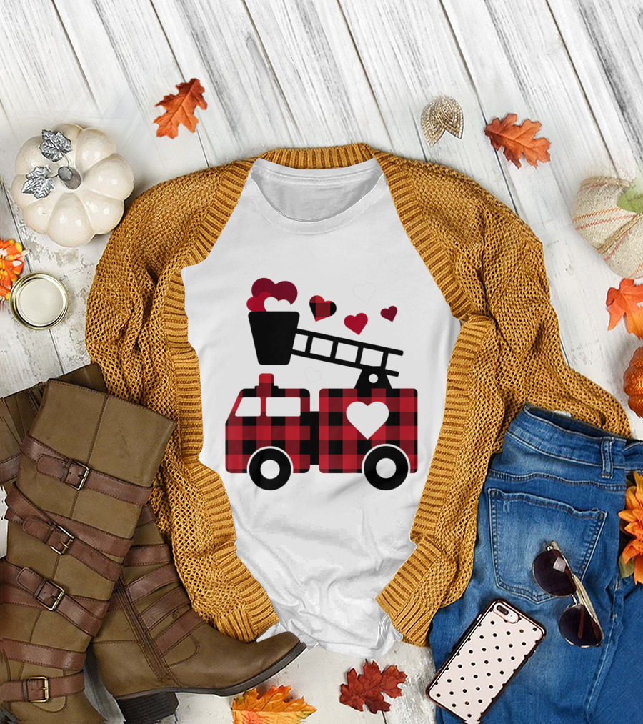Kids Valentines Day Buffalo Plaid Fire Truck Hearts T-Shirt