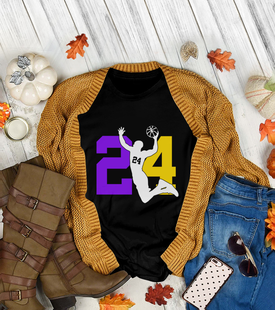Number 8 And 24 Basketball Sport Memorial Purple Yellow Jersey Dunk T-Shirt
