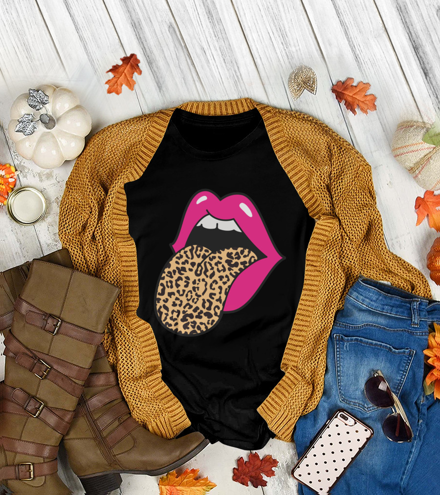 Hot Pink Lips Leopard Tongue Trendy Cheetah T-Shirt