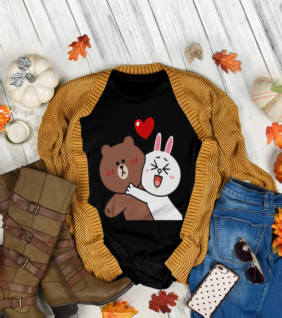 Brown Bear and Cony Bunny Hug with Heart Valentines T-Shirt