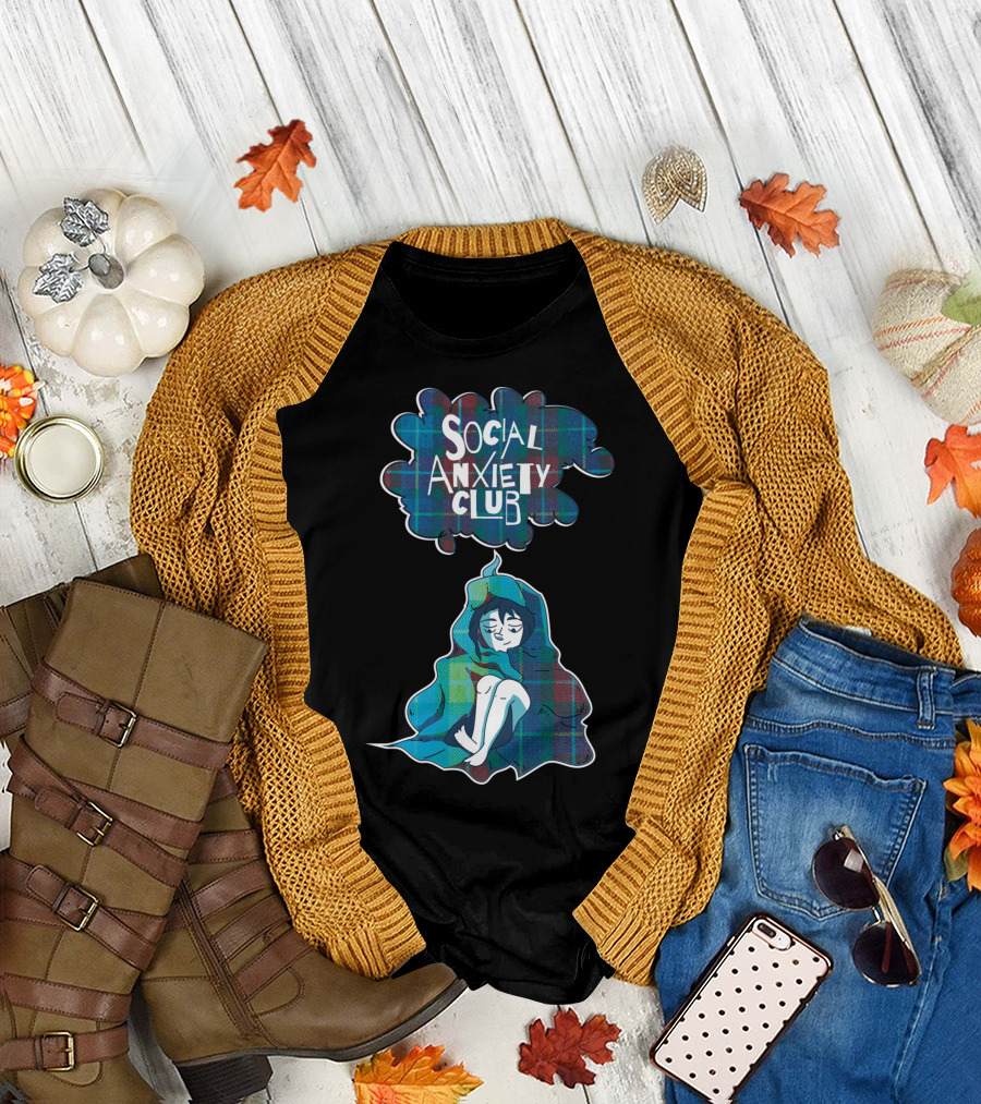 Social Anxiety Club Anxious And Depression Plaid Blanket Sad Character T-Shirt