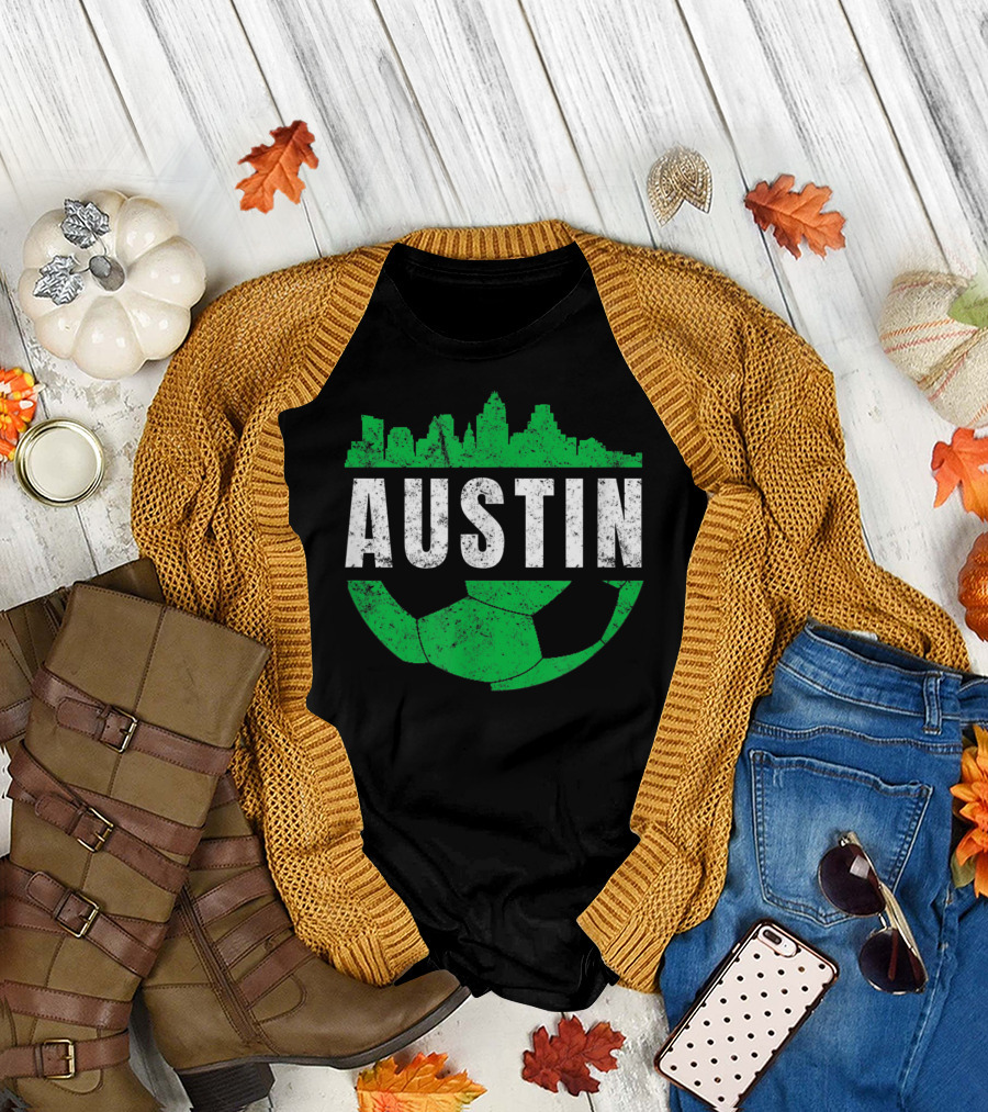 Austin Texas City Skyline Green Soccer Ball Vintage Fan T-Shirt