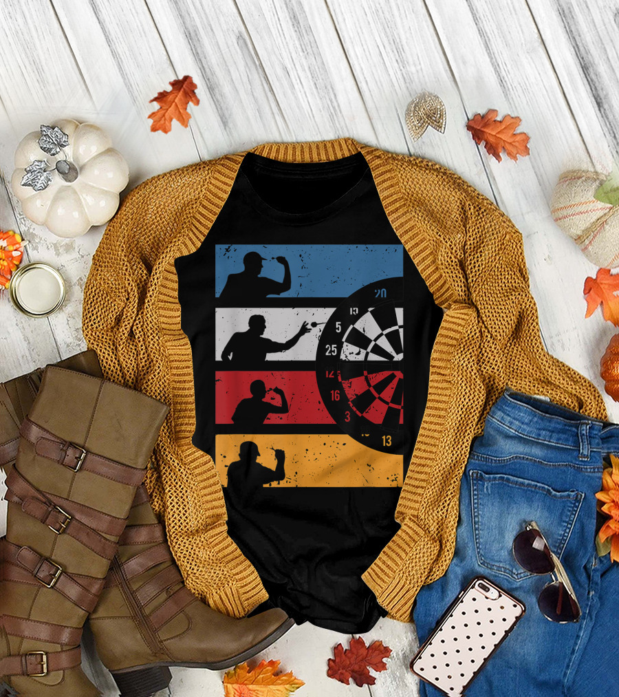 Vintage Dart Player Silhouettes with Dartboard and Club T-Shirt