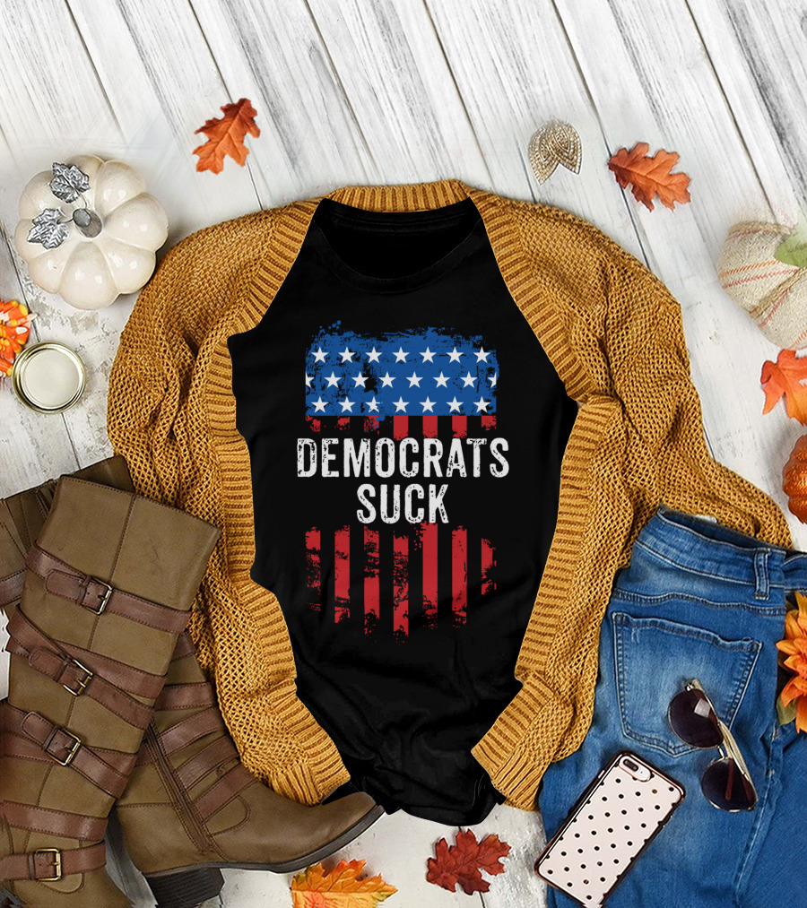 Democrats Suck Distressed Vintage American Flag Stars Stripes T-Shirt