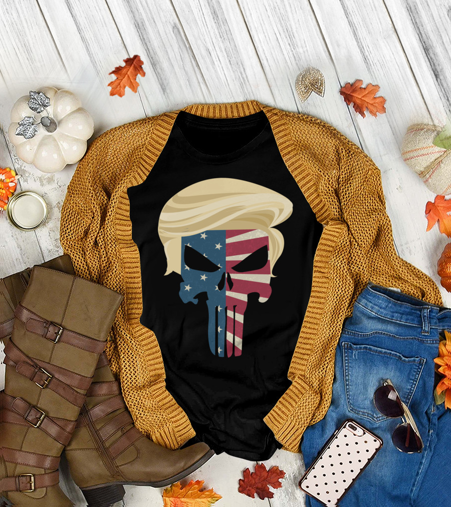 Vintage American Flag Skull Trump Hair USA T-Shirt