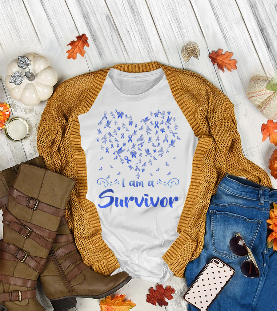 I Am a Survivor Colon Cancer Awareness Butterfly Ribbon Heart T-Shirt
