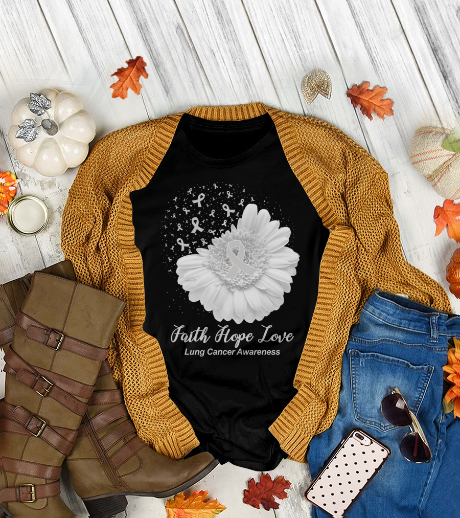 Faith Hope Love White Ribbon Flower Lung Cancer Awareness T-Shirt
