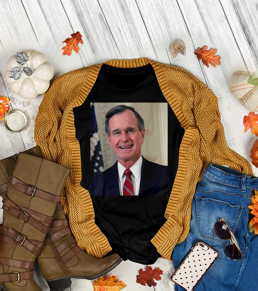 President George H. W. Bush Portrait with American Flag Background T-Shirt