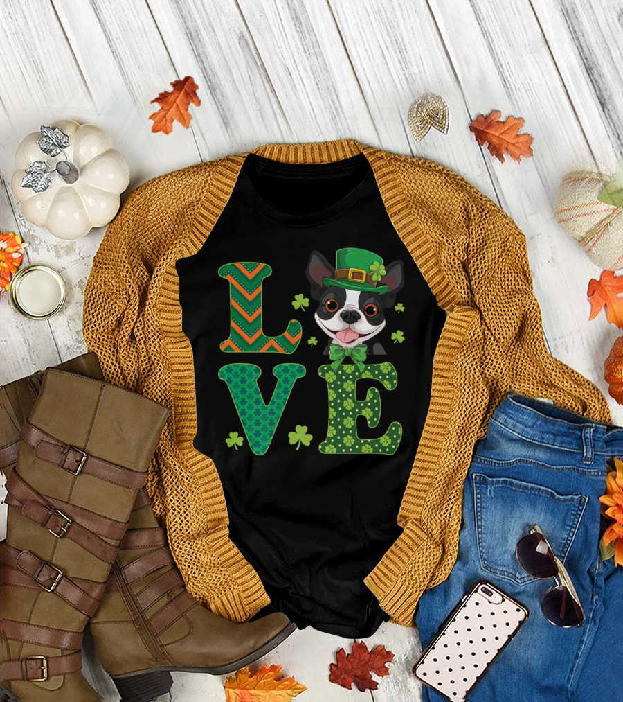 Love Boston Terrier St. Patrick's Day Clover Dog T-Shirt