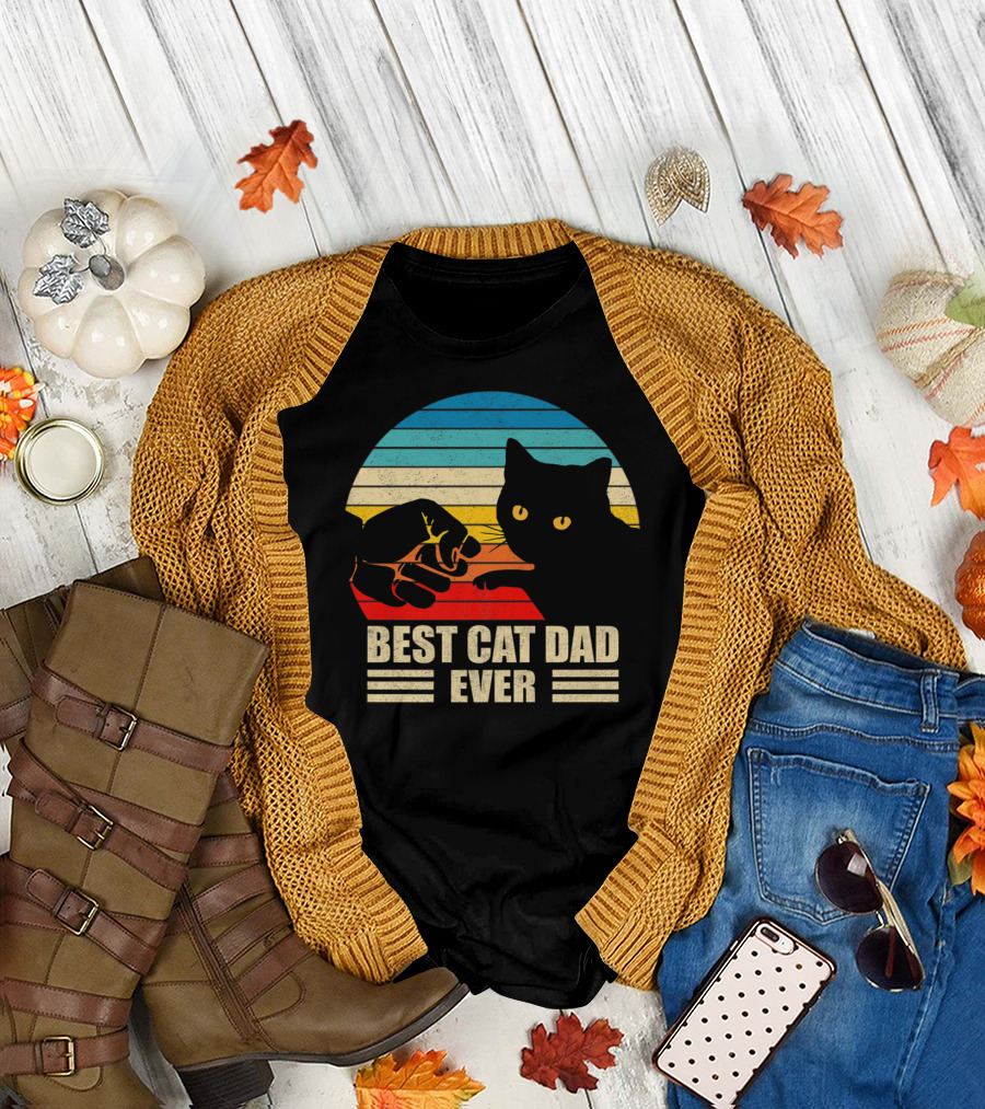 Best Cat Dad Ever Vintage Cat Fist Bump Retro Sunset T-Shirt