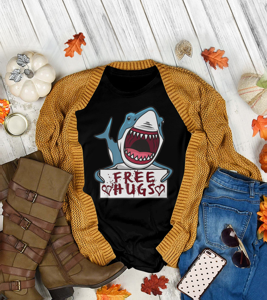 Shark Offering Free Hugs with Funny Shark Quote and Heart Symbols T-Shirt