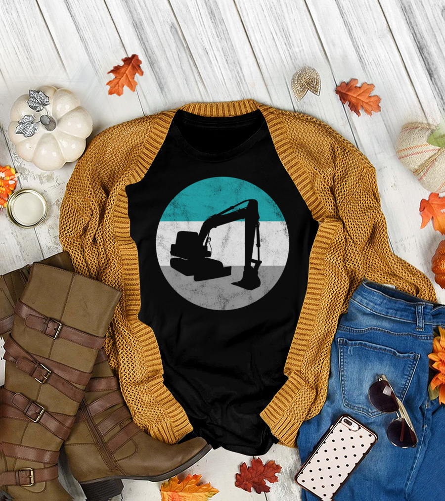 Excavator Construction Teal White Gray Circle Boys and Girls T-Shirt