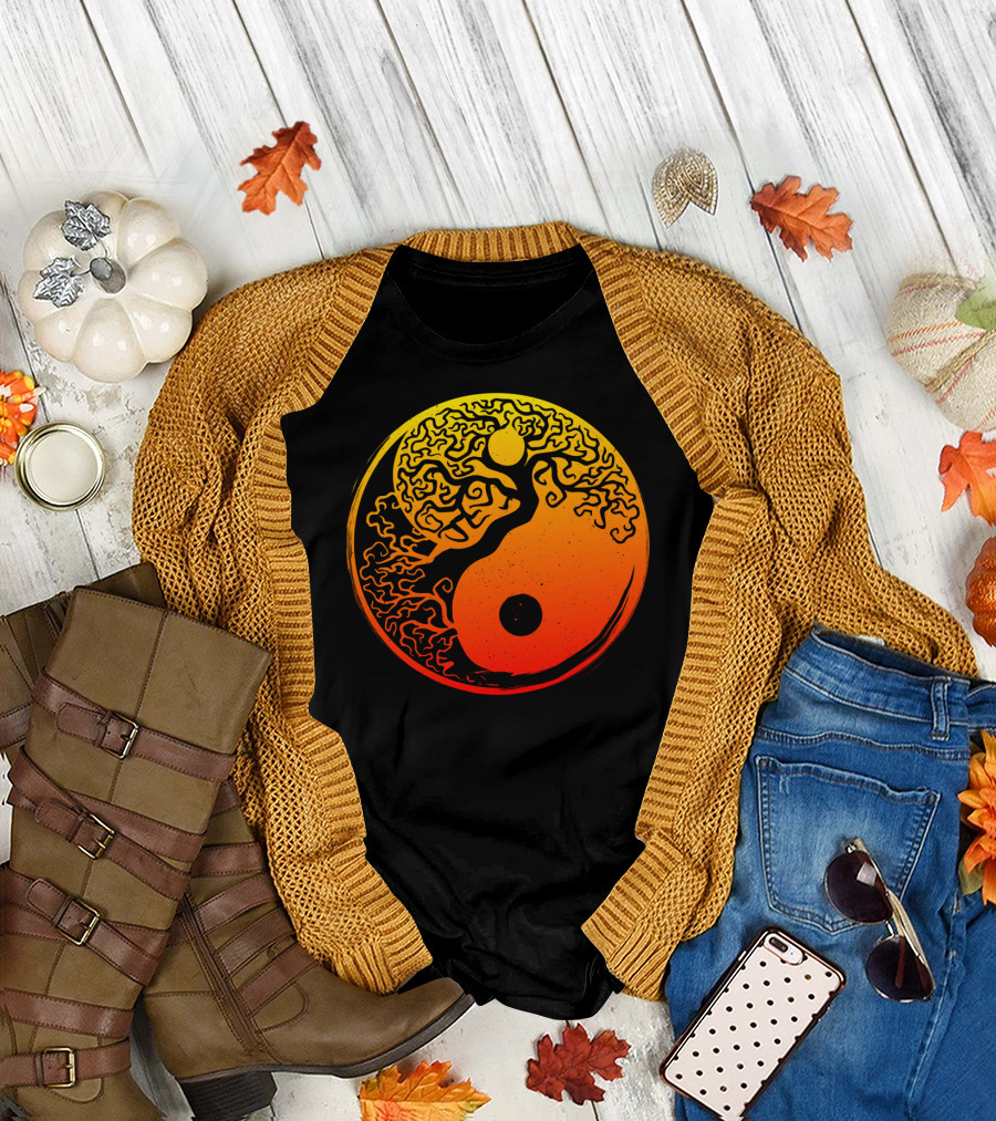 Yin Yang Bonsai Tree with Japanese Golden Sun T-Shirt