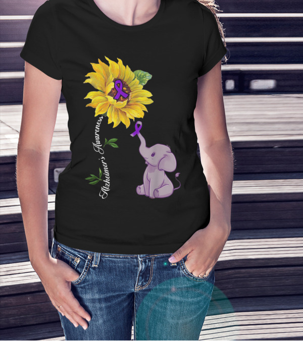 Alzheimer's Awareness Sunflower And Elephant With Purple T-Shirt