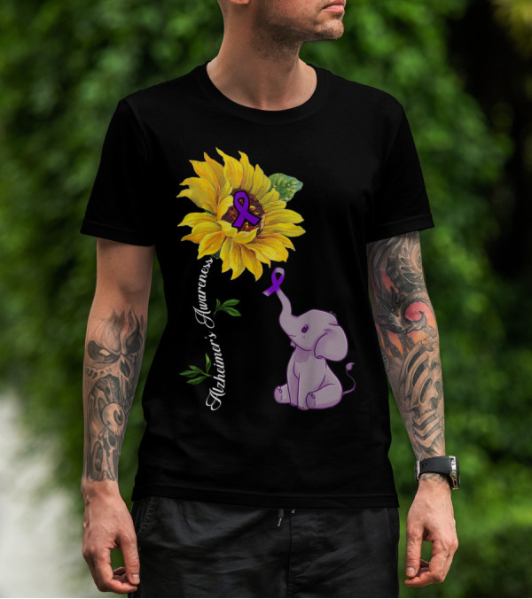 Alzheimer's Awareness Sunflower And Elephant With Purple T-Shirt