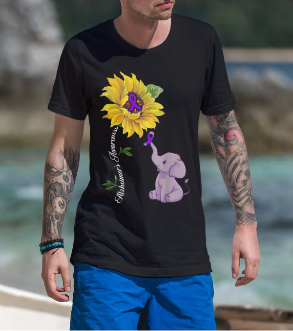 Alzheimer's Awareness Sunflower And Elephant With Purple T-Shirt