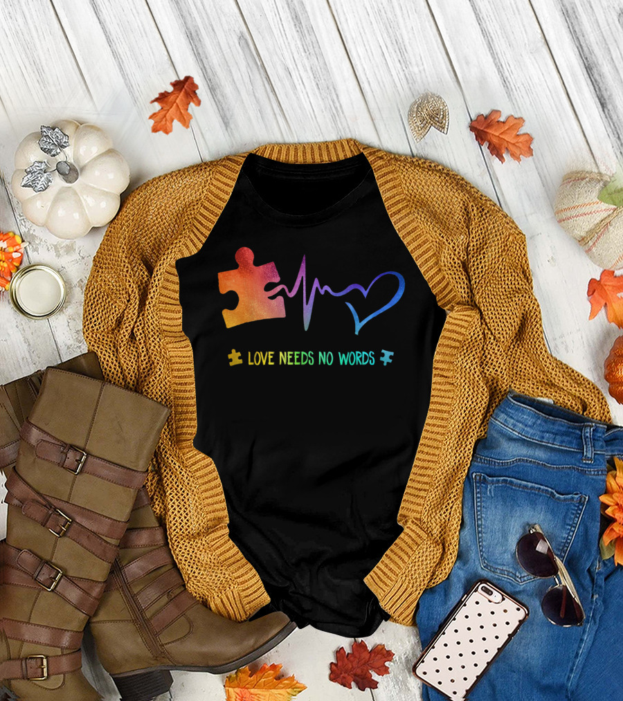 Love Needs No Words Puzzle Piece Heartbeat Heart T-Shirt