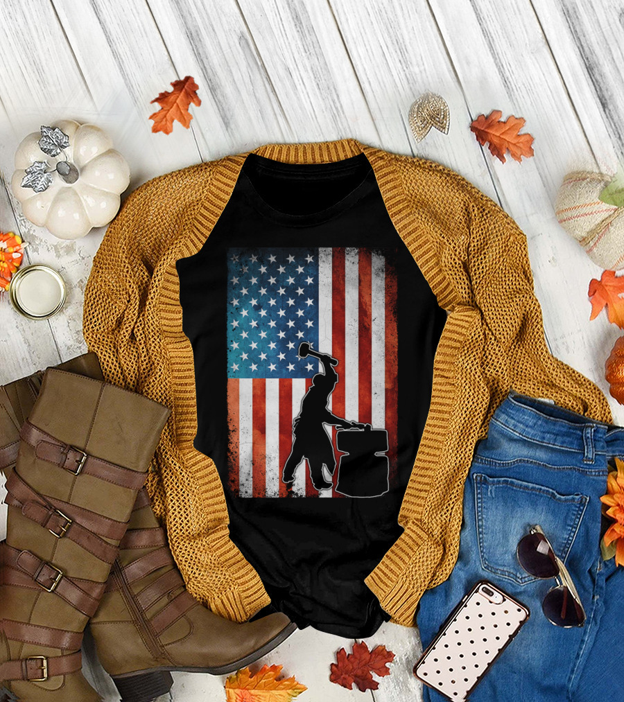 Blacksmith Silhouette on American Flag USA Patriotic T-Shirt