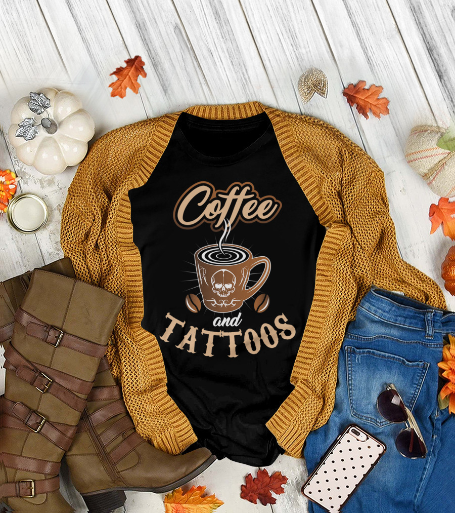 Coffee And Tattoos Caffeine Inked Skull Cup T-Shirt