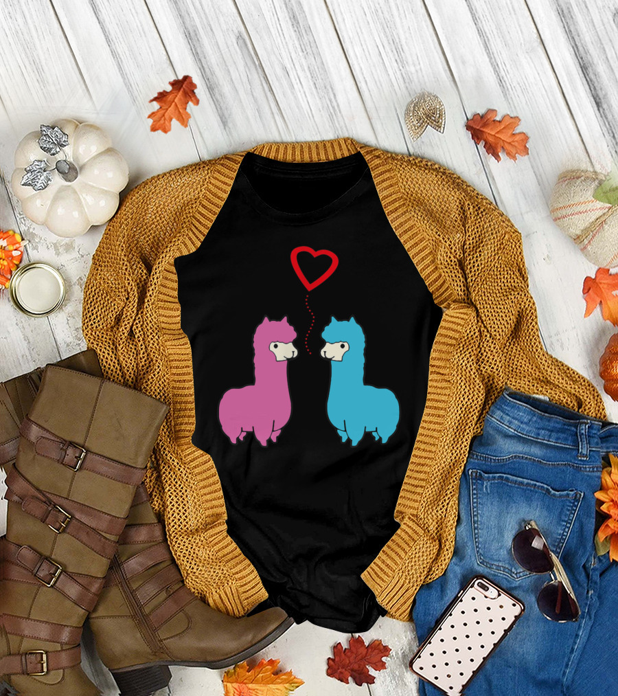 Cute Male And Female Alpaca Sharing Romantic Heart Connection T-Shirt
