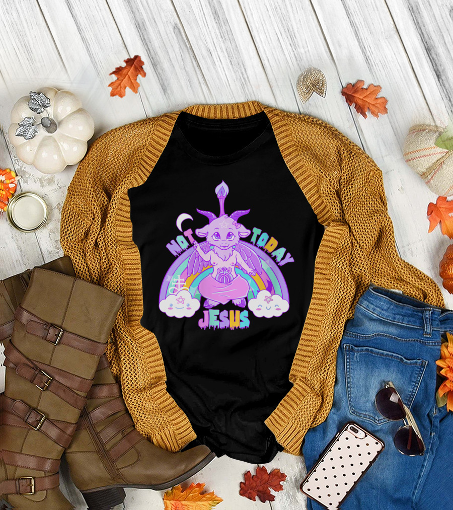 Not Today Baphomet Jesus Kawaii Cute Pastel Rainbow Clouds T-Shirt