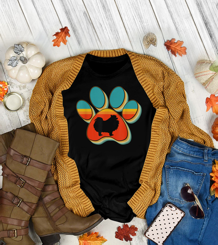 Retro Pomeranian Rescue Dog Silhouette in Colorful Paw Prints T-Shirt