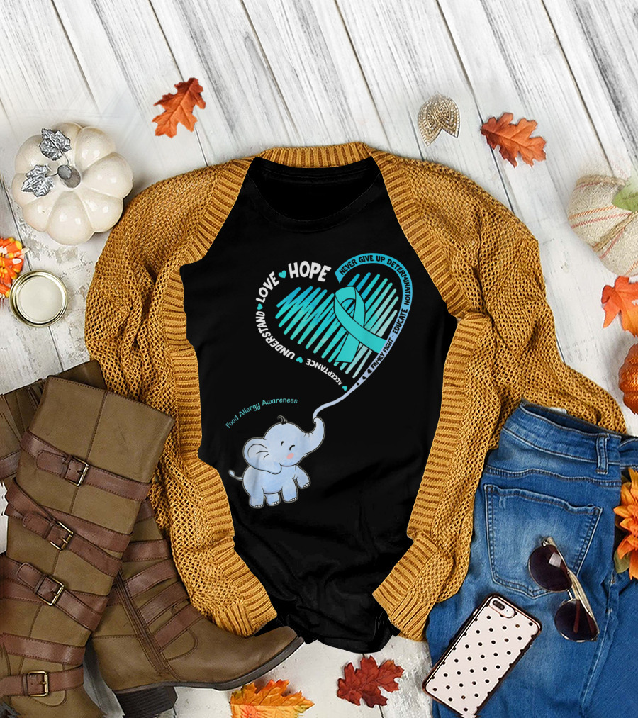 Love Hope Food Allergy Awareness Elephant Ribbon Heart T-Shirt