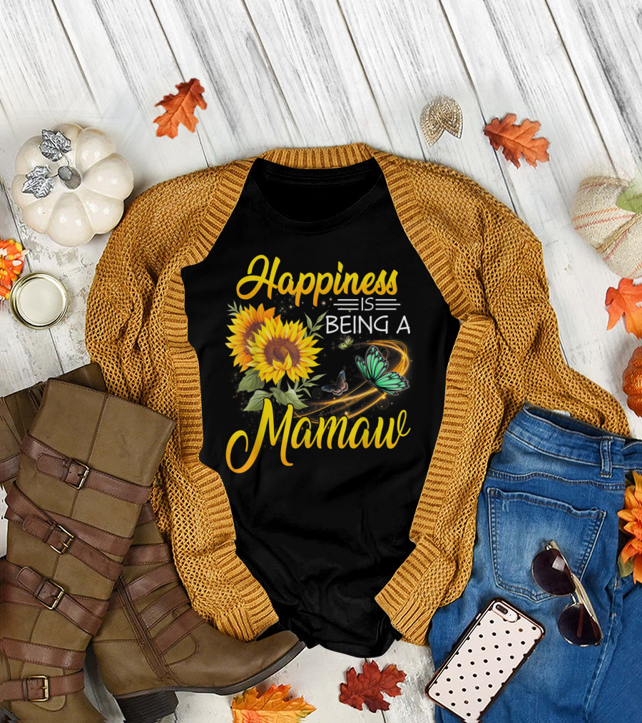 Happiness Is Being A Mamaw Sunflower Butterfly Twirl T-Shirt