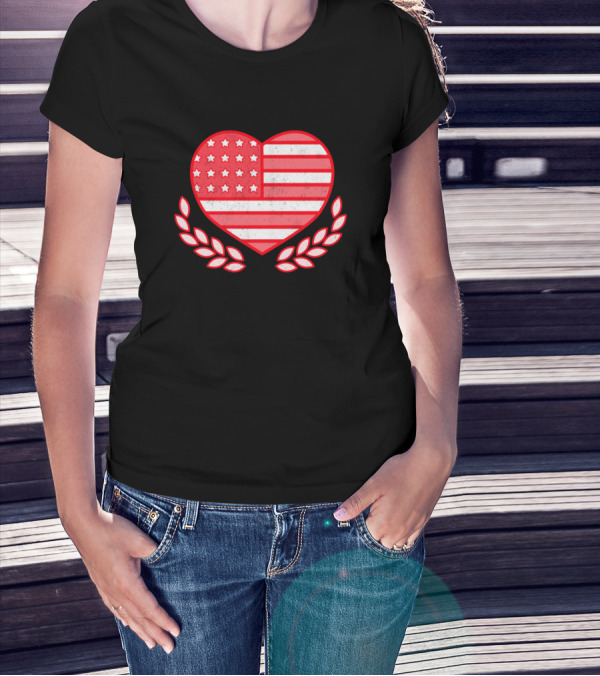 Happy 4Th Of July American Flag Heart With Laurel Branches T-Shirt