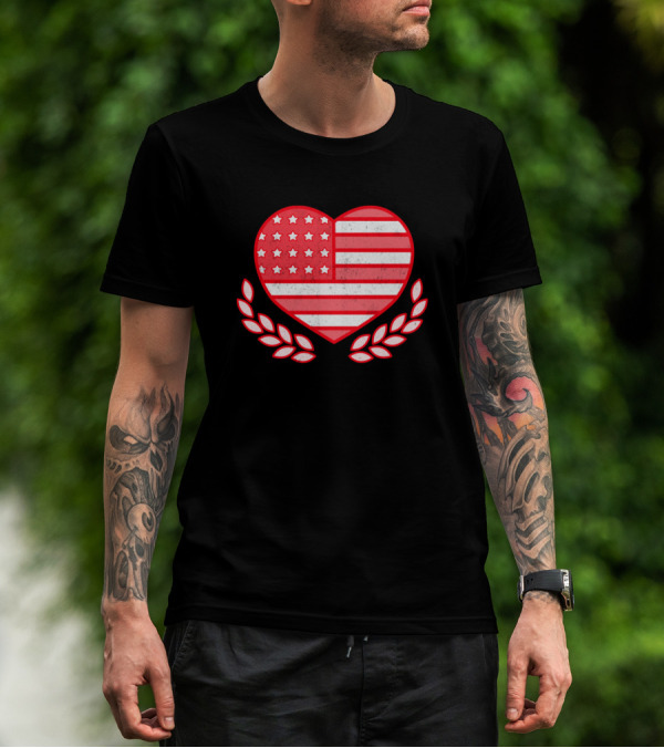 Happy 4Th Of July American Flag Heart With Laurel Branches T-Shirt
