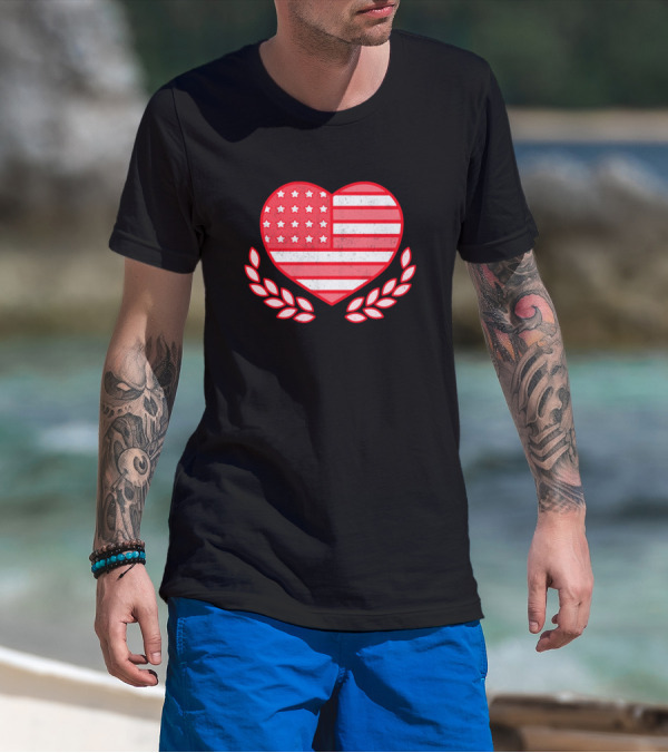 Happy 4Th Of July American Flag Heart With Laurel Branches T-Shirt