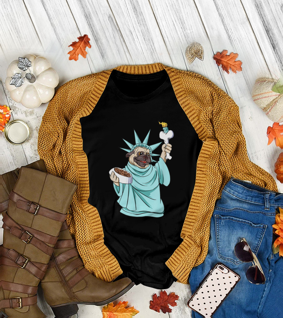 Pug Statue Of Liberty Funny 4th Of July Independence Day Dog Holding Food and Bone Torch T-Shirt