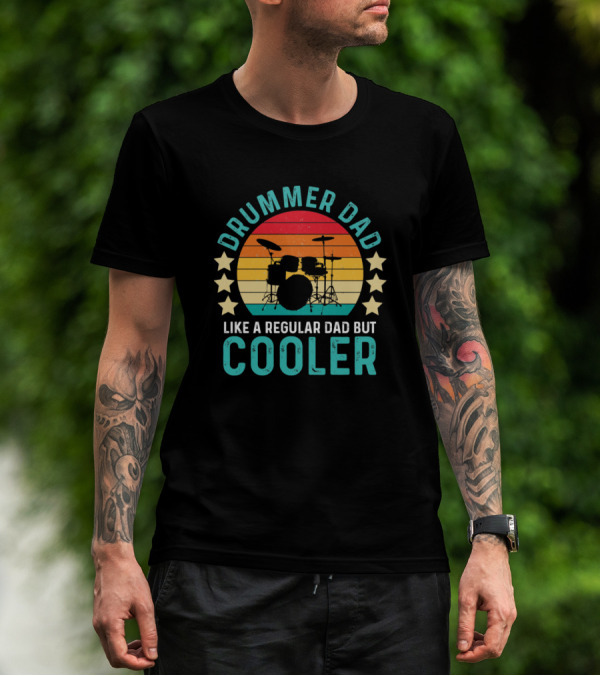 Drummer Dad Like A Regular Dad But Cooler Vintage Sunset And Stars T-Shirt