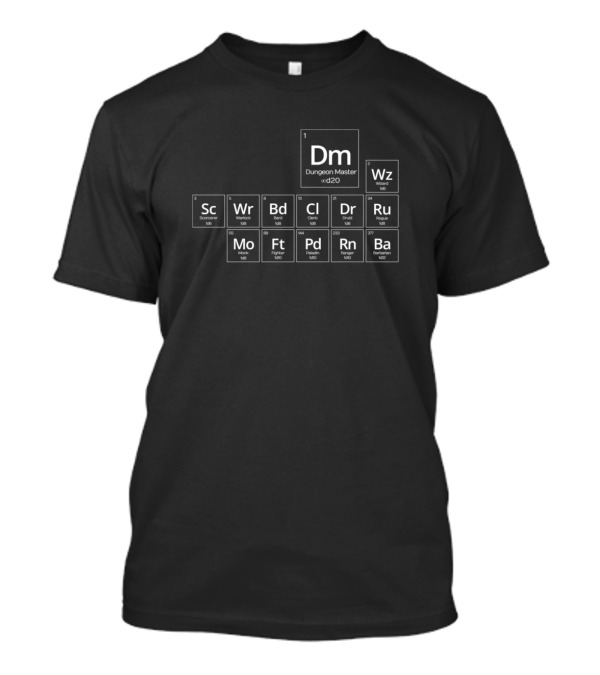 Periodic Table Dungeon Master Wizard Sorcerer Warlock Bard Cleric Druid Rogue Monk Fighter Paladin Ranger Barbarian D&D T-Shirt